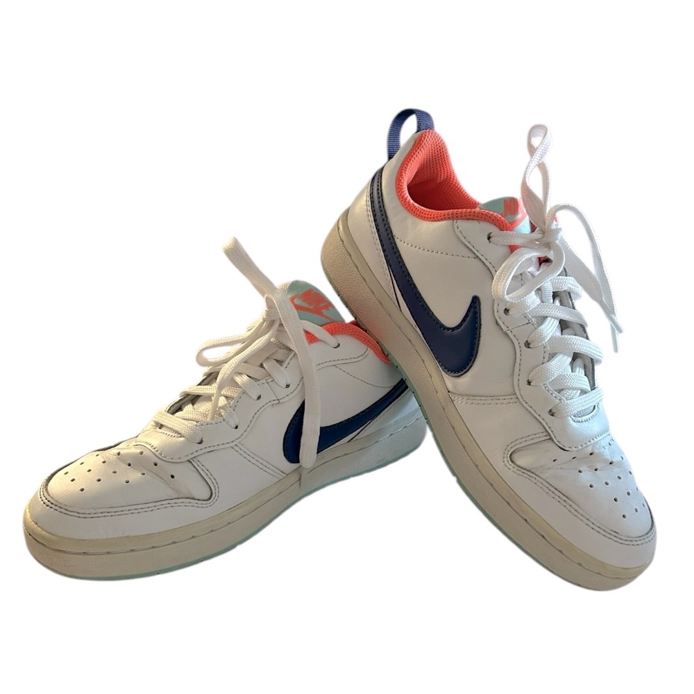 Nike Court Burrough Low 2 White With‎ Dark Blue/Purple Swoosh, Size 5Y/ 6.5 W
